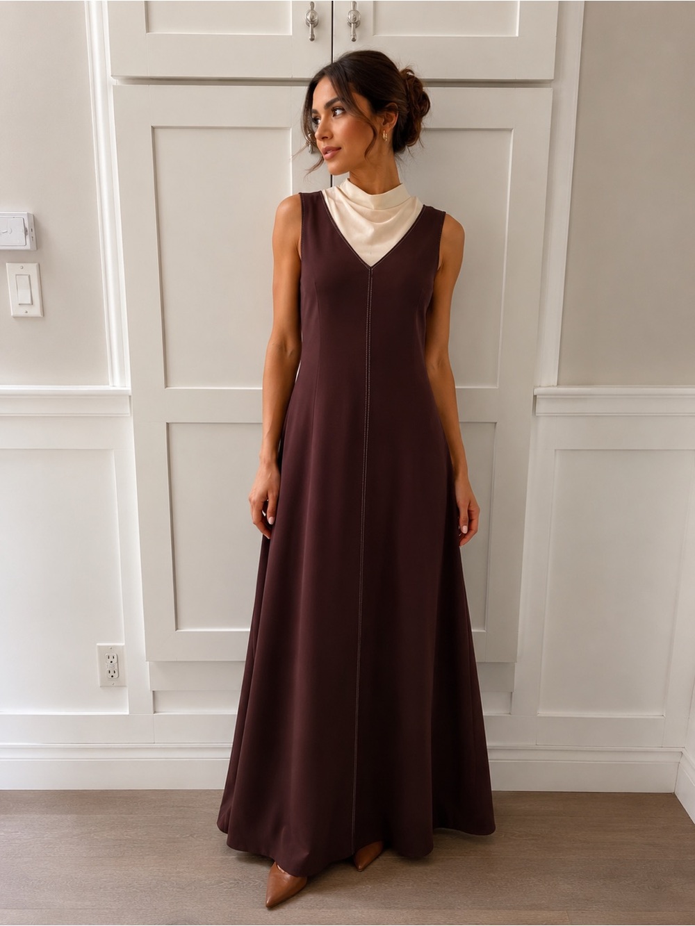 VALENTINO GARAVANI 100% Silk Twotone Silkcrepe Maxi Dress Burgundy